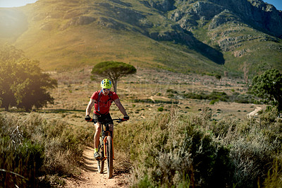 Buy stock photo Sport, man and bicycle on mountain trail for journey, challenge and practice for competition. Fitness, athlete and bike on nature course for adventure, exercise and cardio training in environment