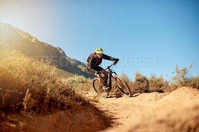 Buy stock photo Fitness, man and bicycle on mountain trail for journey, challenge and practice for competition. Sport, athlete and bike on nature course for adventure, exercise and cardio training in environment
