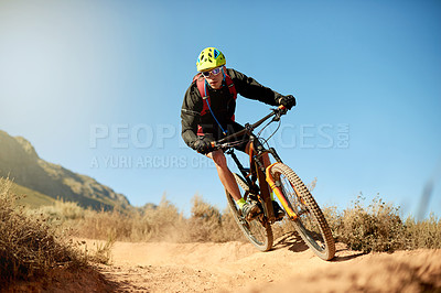 Buy stock photo Man, mountain bike and path in nature for fitness, exercise and training for competition. Male athlete, sport and bicycle on outdoor course with safety, wellness and adventure challenge in Australia