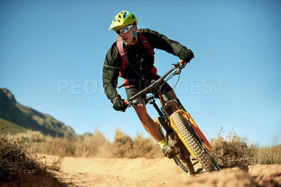 Buy stock photo Man, mountain bike and path in nature for sport, exercise and training for competition. Male athlete, fitness and bicycle on outdoor course with safety, wellness and adventure challenge in Australia
