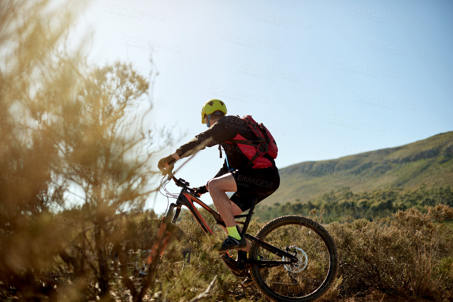 Buy stock photo Nature, sports and man cycling on dirt road for gravel race, challenge or competition training. Fitness, mountain bike and athlete cyclist driving on trail outdoor for exercise or workout with speed.