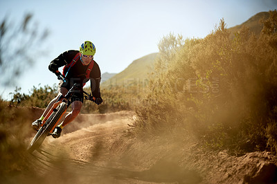 Buy stock photo Mountain bike, adventure and man with fitness, energy and environment with challenge. Healthy person, extreme sports and cyclist with practice, travel or dirt road with hobby, wellness or competition