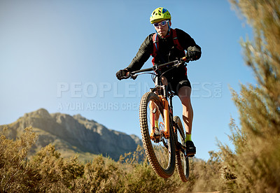 Buy stock photo Mountain bike, training and man with fitness, energy and environment with competition. Person, adrenaline and cyclist with practice, travel or countryside with adventure, journey or nature with hobby