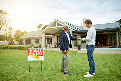 Buy stock photo Happy, agent and man with keys of new home for real estate success, investment and homeowner. Smile, people and realtor deal with property purchase, sale negotiation and achievement for secure future