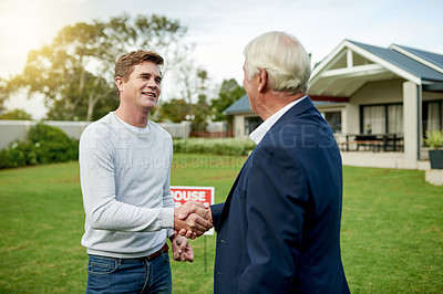 Buy stock photo Happy, realtor and man with handshake of new home for real estate success, investment and homeowner. People, lease agreement and deal congratulations of property purchase, negotiation and achievement