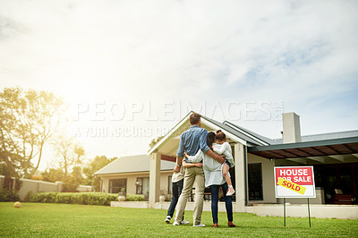 Buy stock photo Real estate, hug and parents with children, back and milestone for homeowner with property and yard. Outdoor, sold and embrace for relocation to house, space and people with mortgage for investment