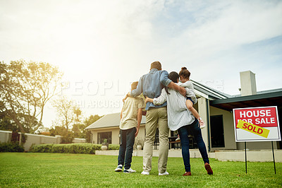 Buy stock photo Mortgage, hug and parents with children, new home and milestone for homeowner with property and yard. Real estate, sold and embrace for relocation to house, space and investment for people with kids