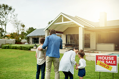 Buy stock photo Mortgage, family and parents with children, new home and milestone for homeowner with property or yard. Real estate, sold and embrace for relocation to house, lawn and investment for people with kids