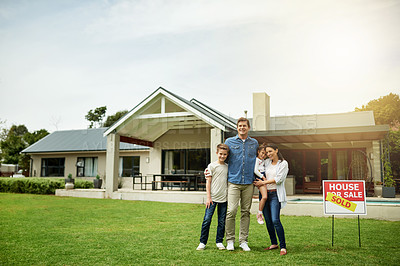 Buy stock photo Mortgage, portrait and parents with children, new home and milestone for homeowner with property. Real estate, sold and embrace for relocation to house, space and investment for people with kids