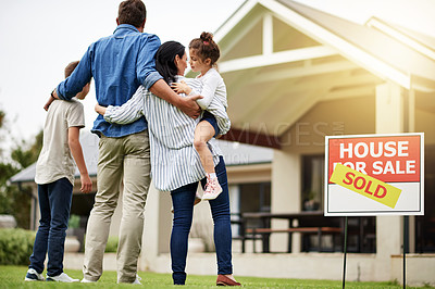 Buy stock photo Back, family and embrace for new home outdoor for real estate success, investment and homeowner. Parents, kids and hug with property purchase, relocation opportunity and achievement for secure future
