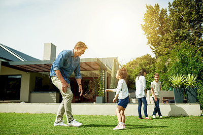 Buy stock photo Outdoor, family and father playing with child in home garden for activity, connection and fun together. Happy, love and dad bonding with girl kid for game on weekend in backyard of house in summer.