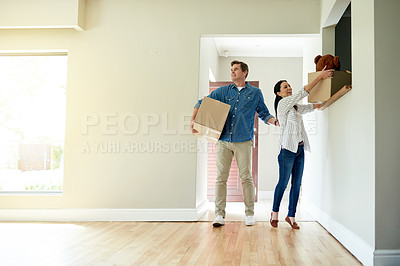 Buy stock photo Boxes, moving and couple in new home for property ownership, relocation and investment. Cardboard, love and people with packages for buying real estate together in marriage for commitment at house.