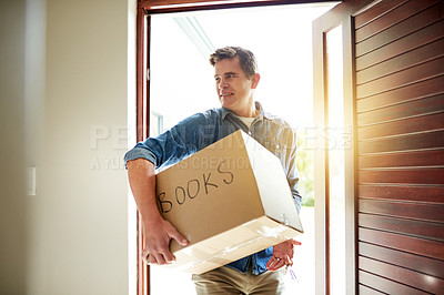 Buy stock photo Box, moving and man by door of home for property evaluation, market value or price estimate. Cardboard, books and male person with literature package for real estate investment approval at house.