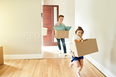 Buy stock photo Excited, children and running with boxes for moving of energy, bonding together and explore property. Happy, kids and cardboard with relocation, discovery games and apartment investment at new house