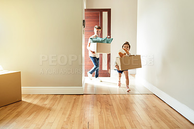 Buy stock photo Real estate, children and walking with boxes in new home for family property, mortgage investment and security. Front door, people or relocation to dream house for fresh start, moving in or insurance