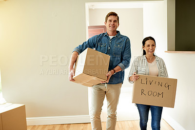 Buy stock photo Box, carry and couple in living room of new home together for opportunity, relocation or unpacking. Beginning, excitement and walking with people in apartment for property or real estate investment
