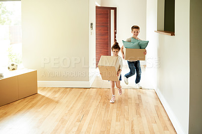 Buy stock photo Box, carry and running with kids in new home together, excited for moving day or relocation. Family, property or real estate with brother and sister siblings in apartment for development or growth