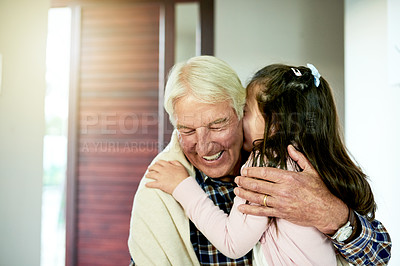 Buy stock photo Hug, grandfather and kiss child for love, greeting or family reunion with girl for support in home. Happy grandpa, kid or embrace together for welcome, bonding or connection for care with generations