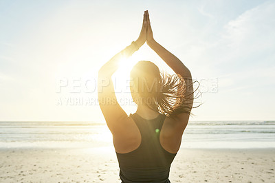Buy stock photo Sea, yoga and woman in raised arms pose for posture, wellness or holistic health for calm soul. Relax, beach or back of person stretching for mindfulness, chakra balance or peace for awareness