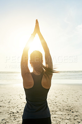 Buy stock photo Ocean, yoga and woman in raised arms pose for posture, wellness and holistic health for calm soul. Relax, body or back of person stretching for mindfulness, chakra balance and peace for awareness
