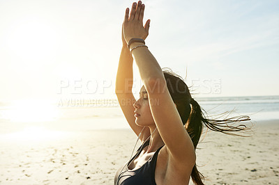 Buy stock photo Sea, meditate and woman with hands up for yoga, wellness and holistic health for calm soul. Relax, beach or zen female person stretching arms for mindfulness, chakra balance or peace for awareness
