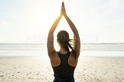 Buy stock photo Beach, yoga and woman in raised arms pose for posture, wellness or holistic health for calm soul. Relax, body or back of person stretching for mindfulness, chakra balance or peace for awareness