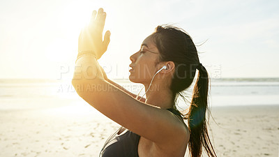 Buy stock photo Sea, yoga or woman with prayer hands for meditation, wellness or holistic health for calm soul. Sunshine, beach or zen person stretching arms for mindfulness, chakra balance or peace for awareness