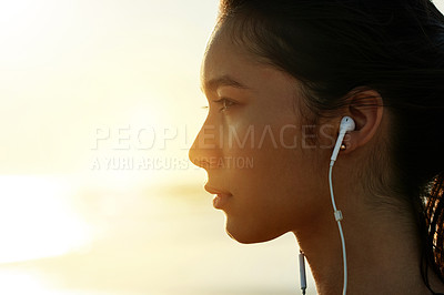 Buy stock photo Exercise, beach and mockup with woman with earphones for running, workout or summer goal with music. Athlete, profile or ready to start jog for fitness, endurance or health for sunset sport training
