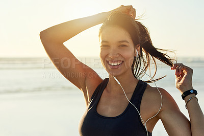 Buy stock photo Fitness portrait, beach and smile with woman prepare for running, workout and summer with music. Athlete, ponytail and ready to start jog for exercise, endurance or health for wellness sport training
