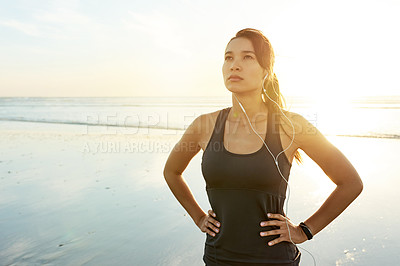 Buy stock photo Training, beach and thinking with woman prepare for running, workout and summer with music. Athlete, sunrise or ready to start jog for exercise, endurance or health for cardio wellness or marathon