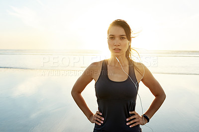 Buy stock photo Training, beach and thinking with woman ready for running, workout and summer with music. Athlete, sunrise or prepare to start jog for exercise, endurance or health for cardio wellness or marathon