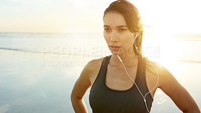 Buy stock photo Exercise, beach and thinking with woman ready for running, workout and summer with music. Athlete, sunrise or prepare to start jog for training, endurance or health for cardio wellness or marathon
