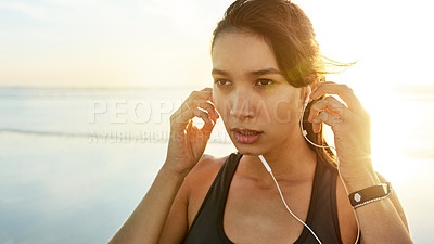 Buy stock photo Workout, beach and thinking with woman ready for running, exercise and summer with music. Athlete, tired and prepare with sunrise jog for training, endurance or health for cardio or marathon breathe