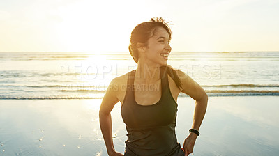 Buy stock photo Woman, happy or thinking on beach for fitness, wellness or exercise break at lens flare. Runner, sunset or wind at Columbia ocean with resting, commitment or pride for physical journey with sky space