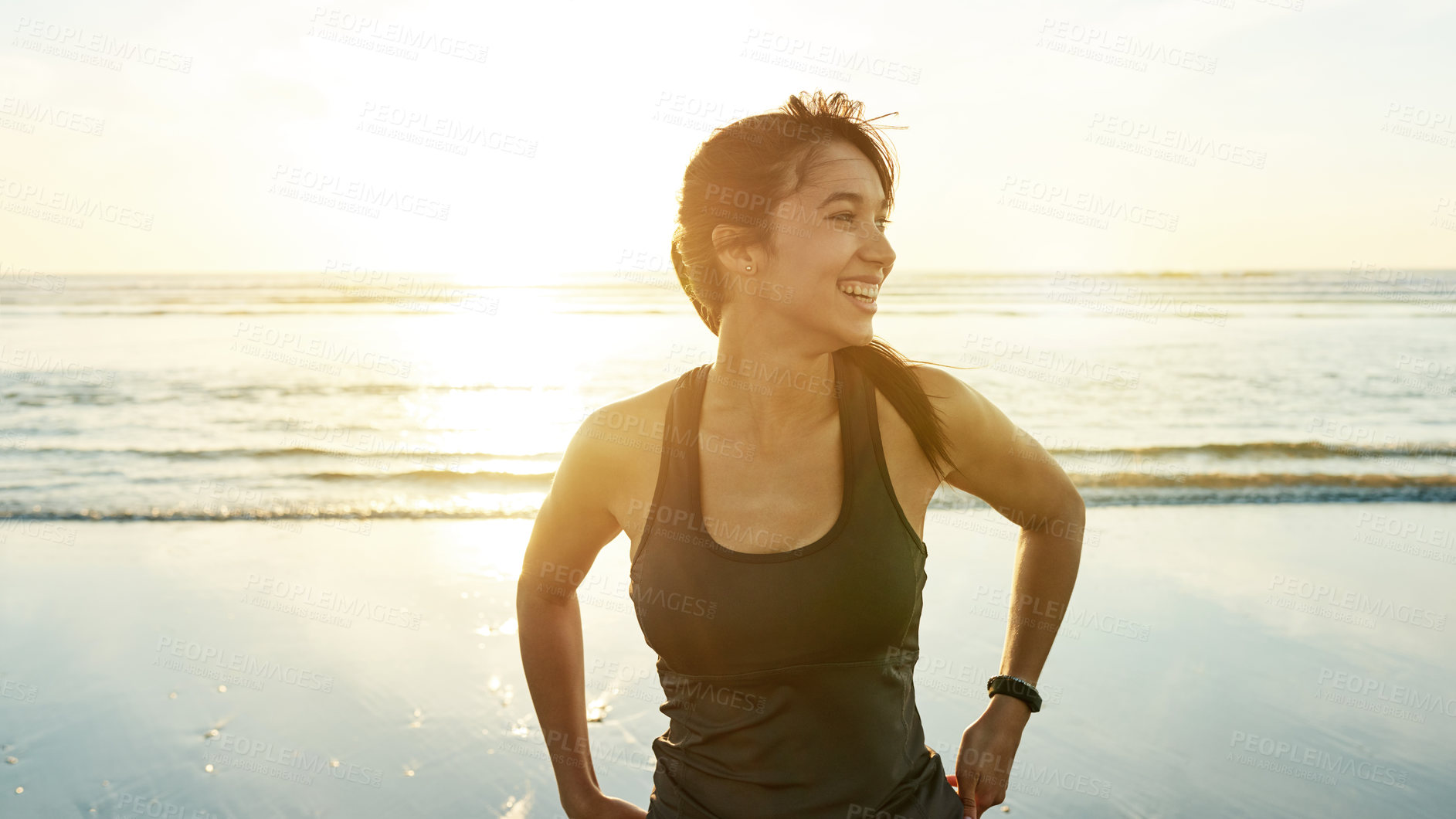 Buy stock photo Woman, happy or thinking on beach for fitness, wellness or exercise break at lens flare. Runner, sunset or wind at Columbia ocean with resting, commitment or pride for physical journey with sky space