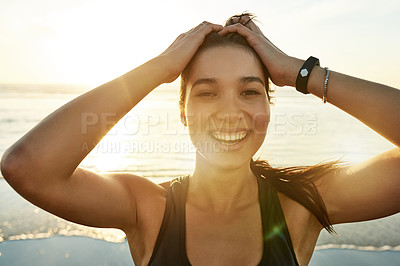 Buy stock photo Portrait, fitness and happy woman at beach with confidence for workout challenge by water at sunset. Ocean, face and sports athlete outdoor for exercise, health and laughing for wellness in Brazil