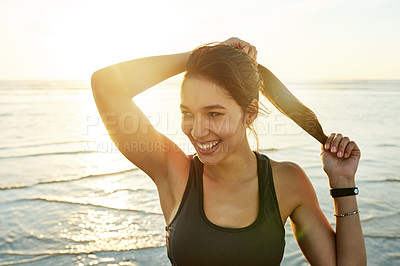 Buy stock photo Thinking, hair and woman relax at beach on holiday, planning vacation and travel experience by water at sunset. Ocean, smile and girl outdoor in nature for tourism, dream and view on summer trip