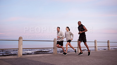 Buy stock photo Fitness, men and woman on promenade for exercise, wellness and endurance training. Athlete, friends and running challenge with workout, physical health and resilience for summer and cardio together