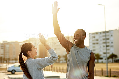 Buy stock photo High five, interracial couple and city for fitness, wellness and workout goal. Athlete, man and woman with training challenge success for exercise, physical health or target for cardio together