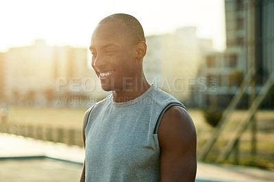 Buy stock photo Black man, fitness or thinking of exercise in city for running, workout or cardio training in practice. Challenge, athlete or happy runner on break in jog for health, wellness and sports performance