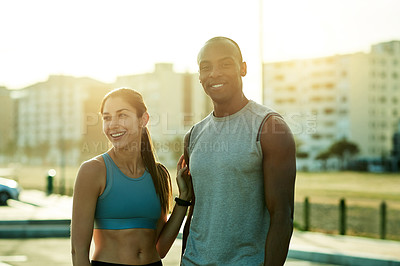 Buy stock photo City, couple and portrait with love for fitness, wellness and health benefits with training journey. Dating people, woman and man with bonding for exercise, workout progress and relationship outdoor