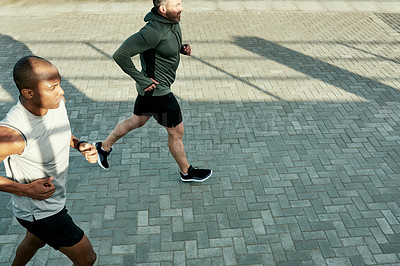 Buy stock photo Team, above or running for city fitness, exercise or workout wellness in social sports with coach. Men, friends or personal trainer for athlete marathon, race or competition training accountability