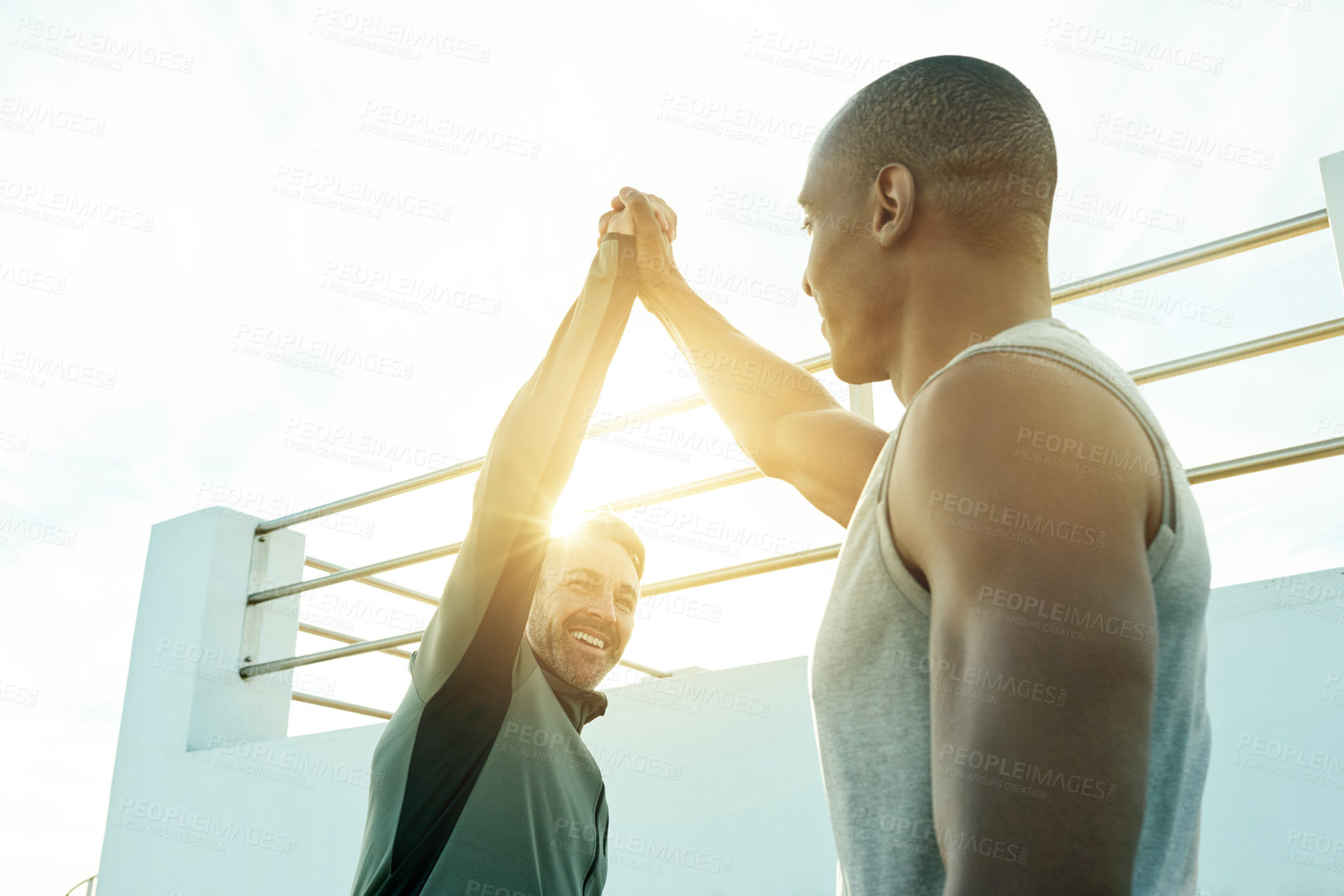 Buy stock photo High five, smile and success for friends, workout and personal trainer with motivation for client. Outdoor, happy and people with gesture for accomplishment, thank you and celebration for fitness