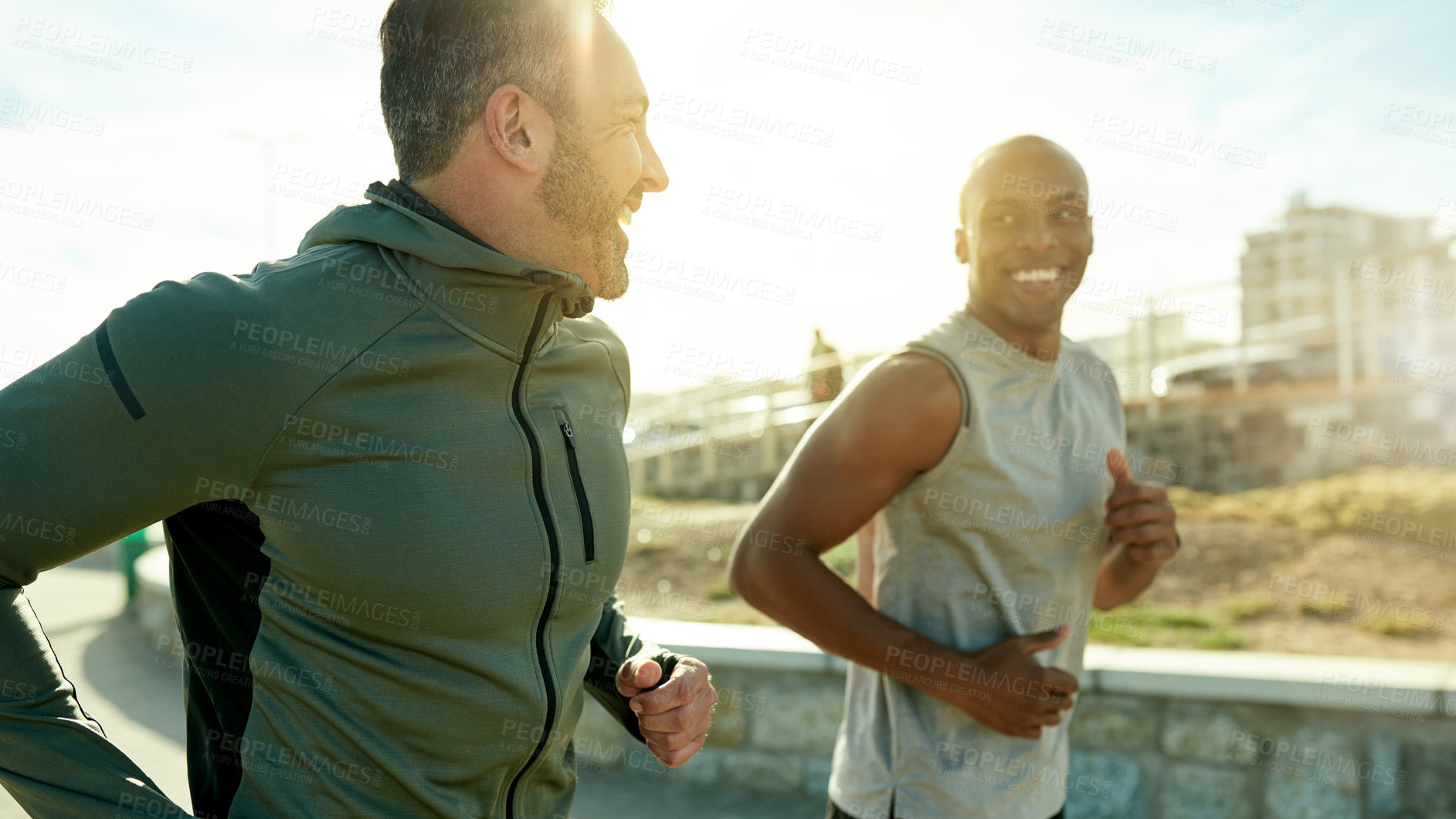 Buy stock photo Team, happy or running in city fitness, exercise or workout wellness on promenade. Friends, flare or funny personal trainer with sports man for marathon, race or triathlon competition accountability