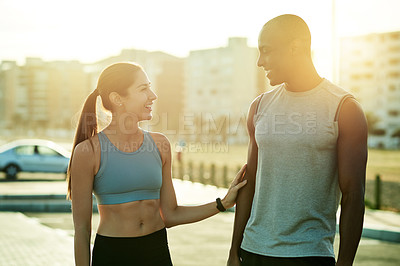 Buy stock photo City, couple and laugh with love for fitness, wellness and health benefits with training journey. Dating people, woman and man with bonding for exercise, workout progress and relationship by flare