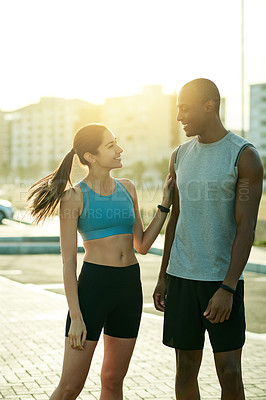 Buy stock photo Smile, couple and love in city for fitness, wellness or health benefits with training journey outdoor. Dating people, woman or man with bonding for exercise, workout progress or relationship by flare