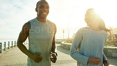 Buy stock photo Fitness, happy friends and running outdoor for training, body wellness or health at promenade. Team, man and woman with cardio exercise for workout, talking and race with energy for marathon by sea