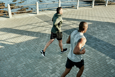 Buy stock photo Team, back or running for beach fitness, exercise or workout wellness with sports coach. Friends, men or personal trainer in athlete marathon, race or competition training accountability on promenade