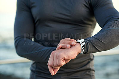 Buy stock photo Hands, smart watch and person with training, outdoor and check progress for speed, distance and stats. Runner, iot and stopwatch for workout, info and fitness challenge in summer with app in Spain