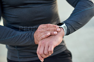 Buy stock photo Hands, smart watch and runner with training, outdoor and check progress for speed, distance and stats. Person, iot and stopwatch for workout, info and fitness challenge in summer with app in Spain